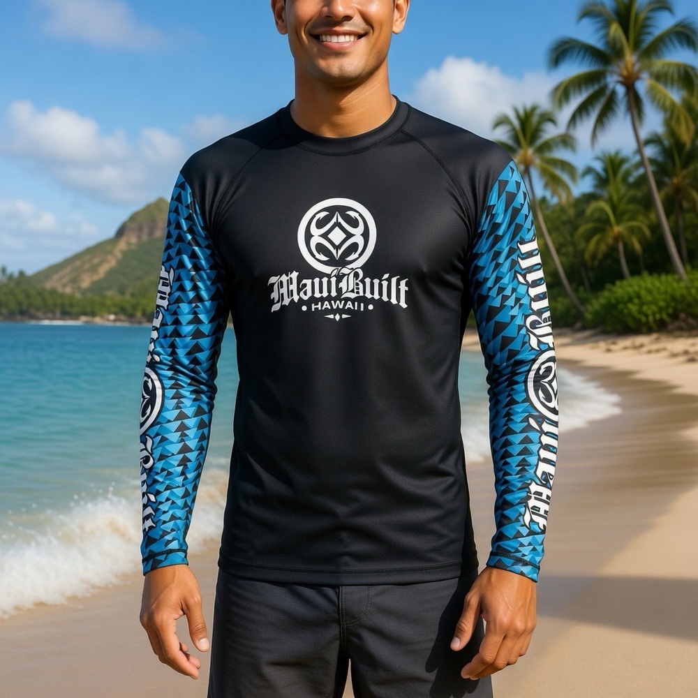 Maui Built Black Blue White Rash Guard Bold Hawaii Patterns Hawaiian